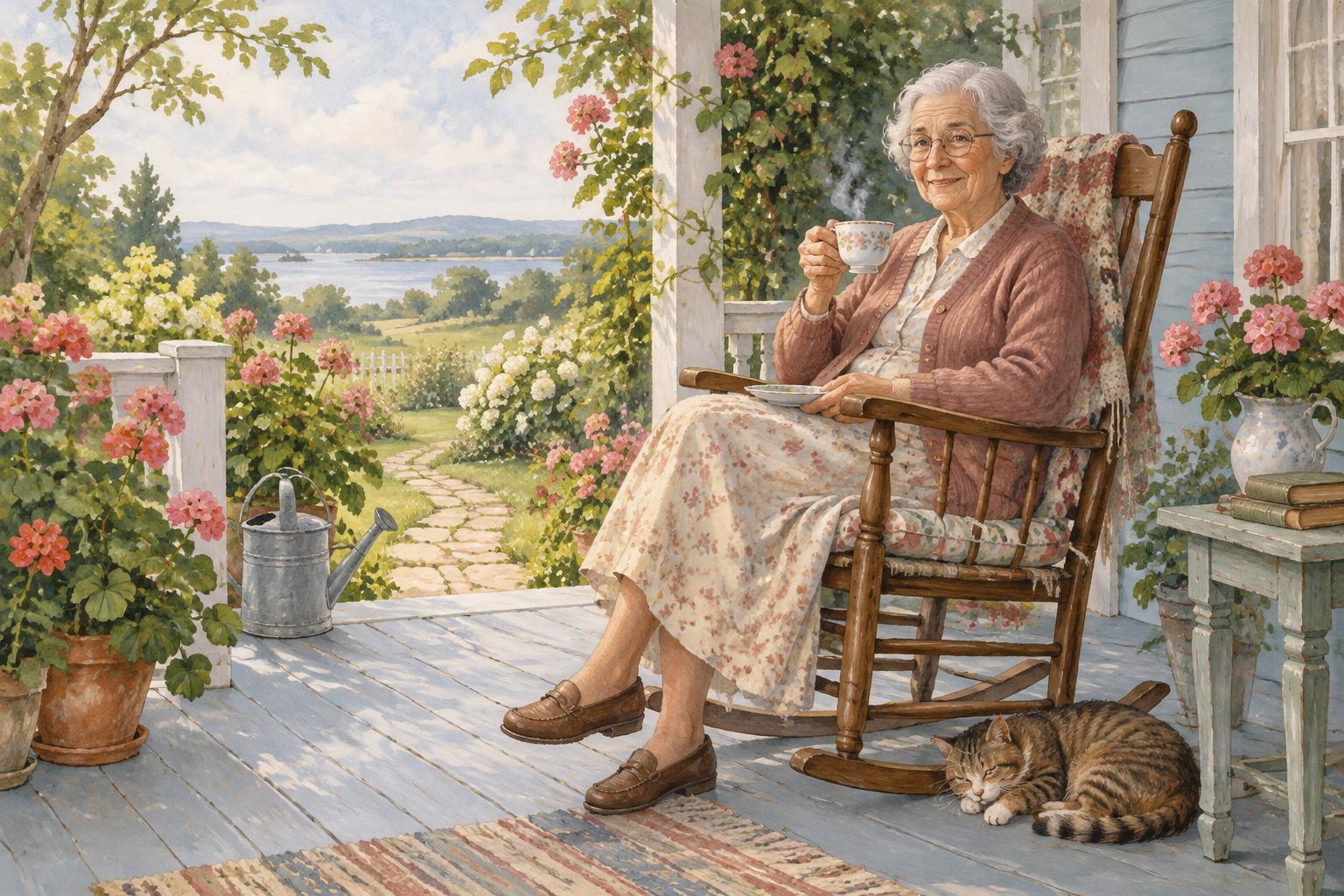 Illustration of an older woman with a steaming cup of tea in a rocking chair on a flower-filled porch, with a cat at her feet